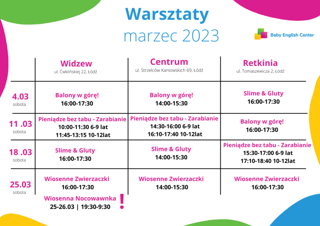 Warsztaty dla dzieci - harmonogram - marzec 2023